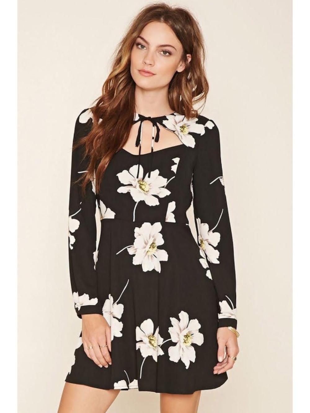 Forever 21 Contemporary Black Floral Long-Sleeve Mini Dress Size M